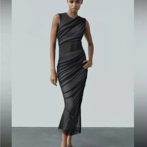 NWT Zara Black Contrast Tulle Dress.  SZ L - Picture 1 of 4